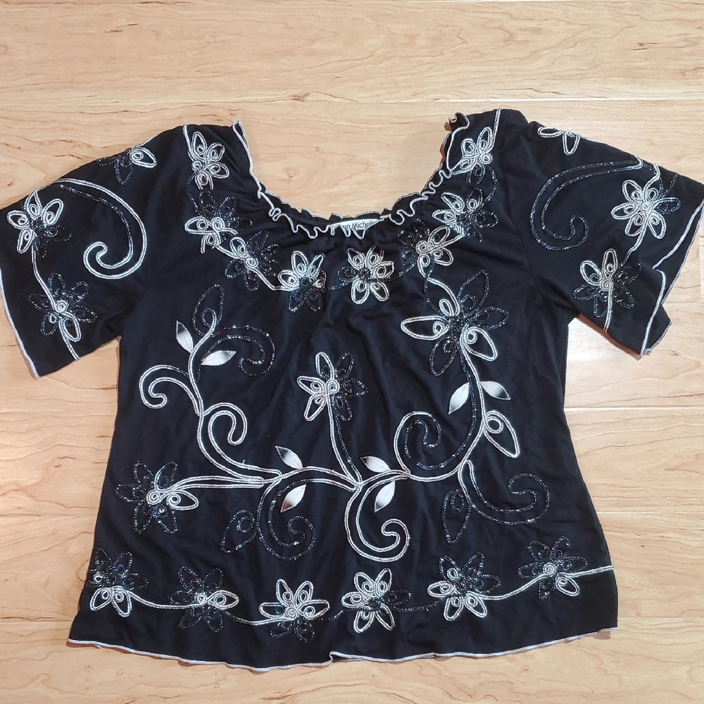 Lauren Michelle Black Blouse with White Floral Design